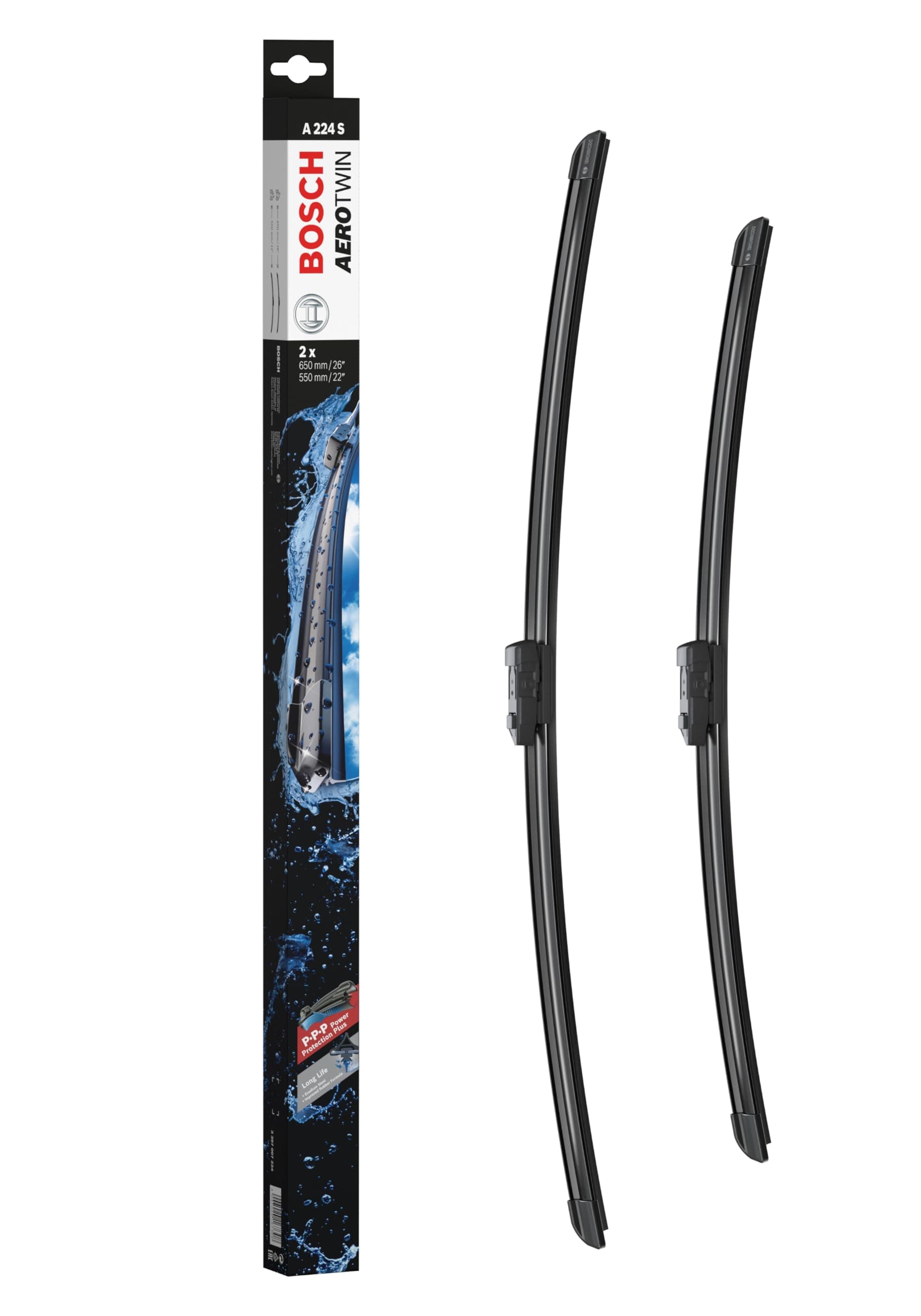 Bosch Aerotwin A 224 S - Front Windscreen Wipers - Set of 2 Replacement Blades - Comes with Pre-assembled Adapter - 2 Blades, 650mm/550mm - Only for left-hand drive (EU)