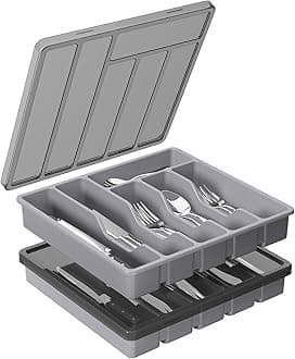 Lifewit Cutlery Tray with Lid, Cutlery Storage Box for Kitchen Drawer and Countertop, Plastic Cutlery Drawer Organiser for Spoons Forks Knives Holder Storage Insert, 6 Compartments, 2 Pack,Grey