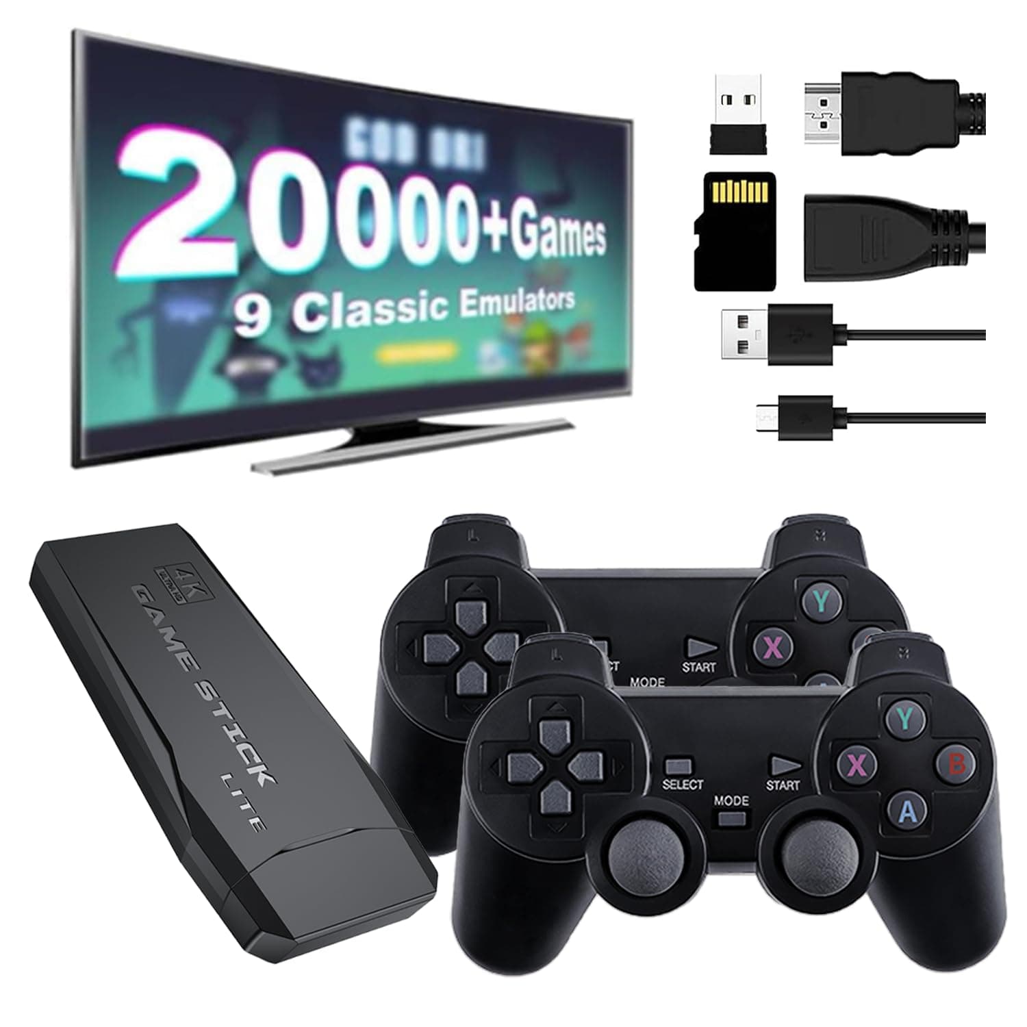 Uoiunsa Wireless Retro Game Console, Plug and Play Video Game Stick, Nostalgia Stick Game, 9 Emulators, with 20000+ Games Built-in, 4K HDMI Output, Dual 2.4G Wireless Controllers, 64G