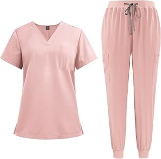 Scrubs Uniforms Women Set, Female Medical Uniforms & Scrubs Durable Short Sleeve V Neck Tunic Top and Pants with Pockets, Beauty Tunics for Women UK Nursing Workwear Suits for Beauty Center