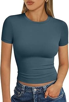 Womens Short Sleeve T Shirts - Buttery Soft Summer Crop Tops Slim Fit Y2k Basic Tees for Workout