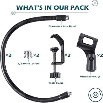 2 Pcs Gooseneck Mic Stand Mic Holder Microphone Stand Mount Adjustable Arm Adapter Podium Microphone Flexible Gooseneck Desktop 3/8 to 5/8 Inch with Clip Desk Clamp Music Recording Equipment