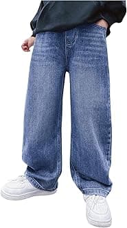 Boys Jeans Baggy Straight Leg Elastic Waist Loose Denim Pants with Pockets