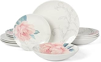 Martha Stewart Peony 12 Piece Porcelain Floral Chip and Scratch Resistant Dinnerware Set