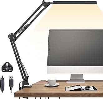 LED Desk Lamp, Table Lamp with Clamp for Computer/Desktop, Eye-Caring, 3 Modes 10 Brightness with USB Charging Port-Bedside Table Lamp for Reading, Study Lamp for Kids, Home, Office, Black