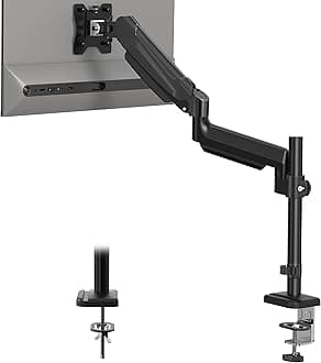 – BONTEC Single Monitor Arm Desk Mount for 13-32 Inch Screens, Adjustable Gas Spring Arm Stand, VESA 75/100mm, 9kg Capacity, Tilt, Swivel, 360° Rotation, C-Clamp & Grommet Options, Ergonomic Design