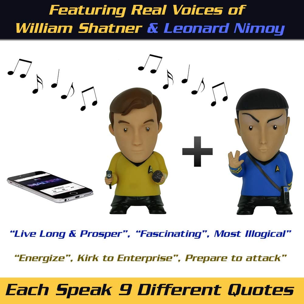 Star Trek Action Figures | Kirk & Spock Talking Bluetooth Speakers (Pair) Plays Music & Speaks 9 TOS Phrases voiced by Nimoy & Shatner - Unique Collectibles, Gifts, Memorabilia for Star Trek Fans