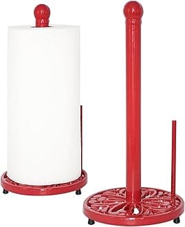 Paper Towel Holder Stand, Cast Iron Kitchen Paper Towel Countertop Vintage Stand with Weighted-Base, Bathroom Organization for Family Standard Large Size Roll Paper, Mistletoe Base, Red