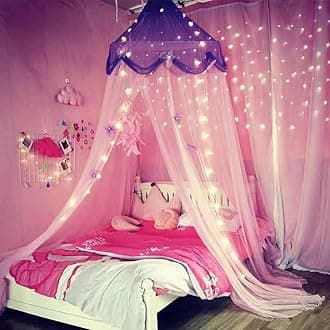 Bed Canopy with Lights,Bed Canopy for Girls Canopy Bed Curtains Girls Bedroom Decor for Twin to King Size Bed (Purple and Pink)