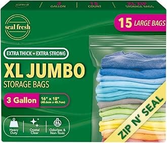 Seal Fresh 3 Gallon Large Plastic Storage Bags – 16" x 18" (15 Count) – Reusuable XXL Extra Large Heavy Duty Clear Jumbo Freezer Zip Lock Bags with Sealable Zipper Top For Clothes, Travel, Moving
