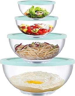 Homwin Glass Mixing Bowls with Lids Set, 8 Pieces Glass Salad Bowl Set with Lids(0.6QT,1.1QT,2.2QT,4QT) High Brosilicate Microwave Bowls for Kitchen Baking, Prepping Serving and Storage, Great Gift