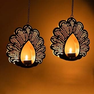Hanging Tealight Candle Holder for Home Decor | Perfect Candle Holder for Wall Hanging Decor | Indoor & Outdoor, Festival Decorative Candles Gift Items (Set of 2) (Black Peacock)