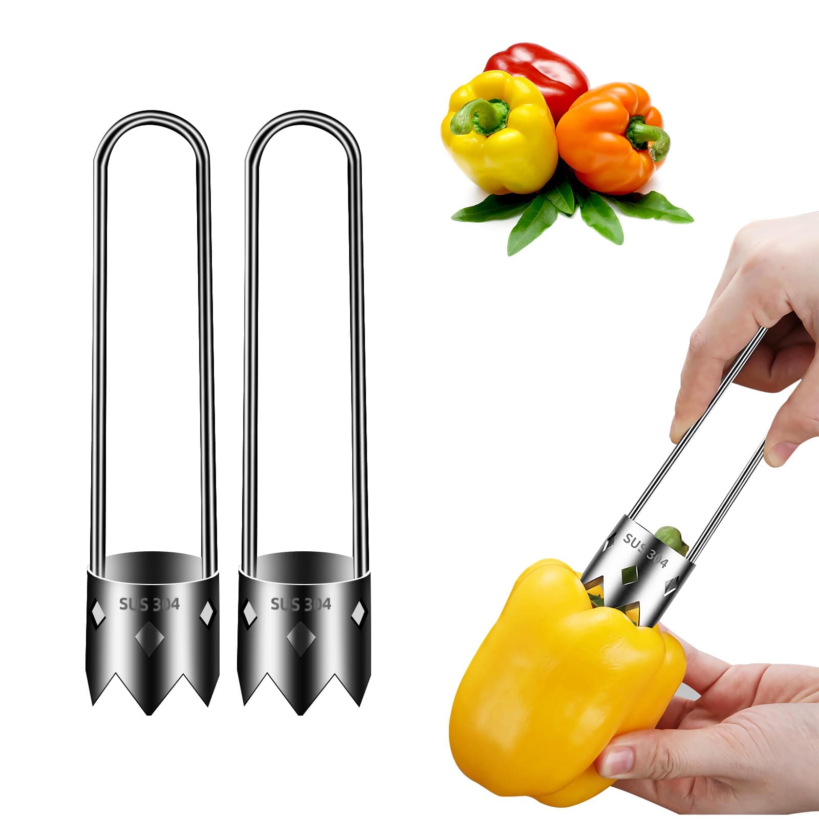 Aerbee 2Pcs Fruit Corer Tool, Multifunction Stainless Steel Apple & Pepper Core Remover, Universal Core Remover Easy Kitchen Gadgets, Practical Pepper Seed Corer for Cored Bell Peppers, Apples, Pears