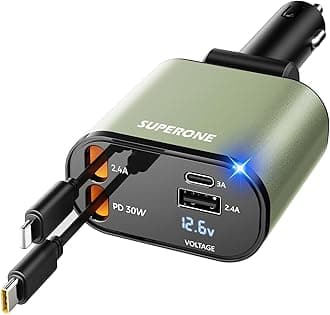 【Upgraded】 SUPERONE Retractable Car Charger 4 in 1, Fast Car Phone Charger with Cord 2.6ft, USB C and Apple Car Charger Adapter, Compatible with iPhone 15/15 Pro Max/14/13/12/11, Galaxy, Pixel