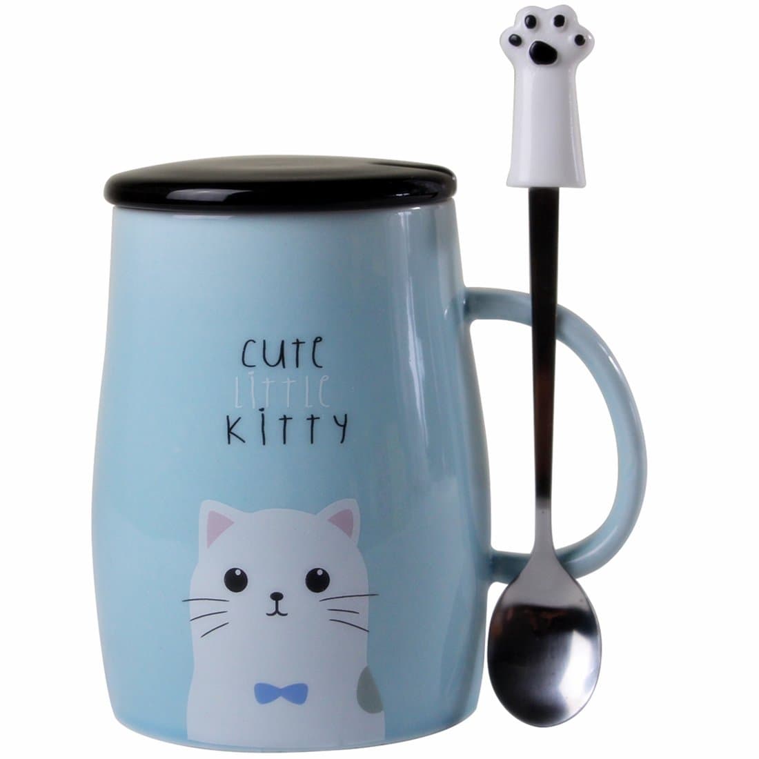 Cute Kitty Mug Cat Mug with Creative Stainless Steel Spoon, Novelty Coffee Mug for Kitty Lovers
