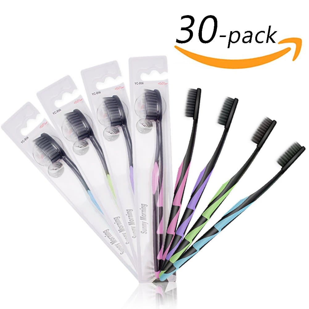 30 Eco-Friendly Soft Charcoal Toothbrushes In Bulk Individually Wrapped for Adult, Medium Bristles - Assorted Color