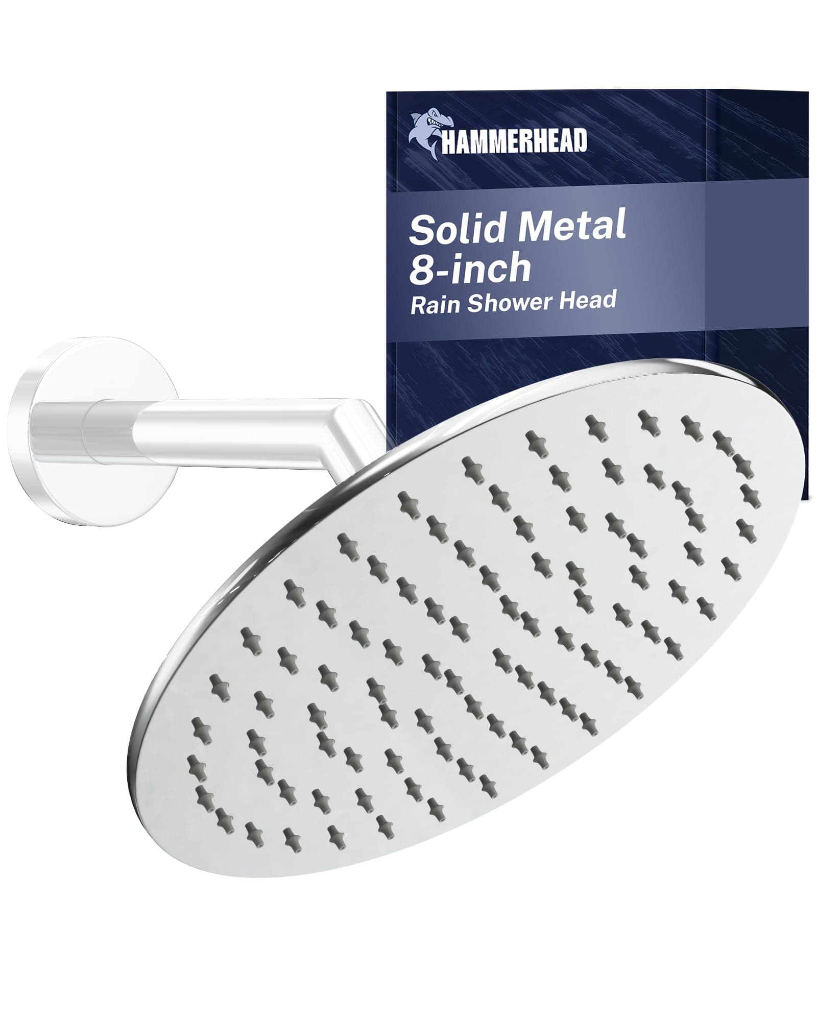 HammerHead Showers® Solid Metal 8 Inch Rainfall Shower Head – CHROME - Shower Head Rainfall - 2.5 GPM High Flow Shower Head Optimized for Pressure – Large Round Rain Shower Heads