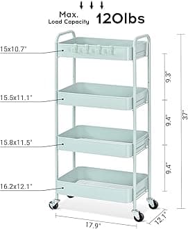 TOOLF Rolling Storage Cart, 4 Tier Metal Utility Cart with Wheels & Hooks, Craft Art Rolling Organizer, Easy Assembly Mobile Carts for Bathroom Kitchen Kids' Room Bedroom Classroom Dorm Green
