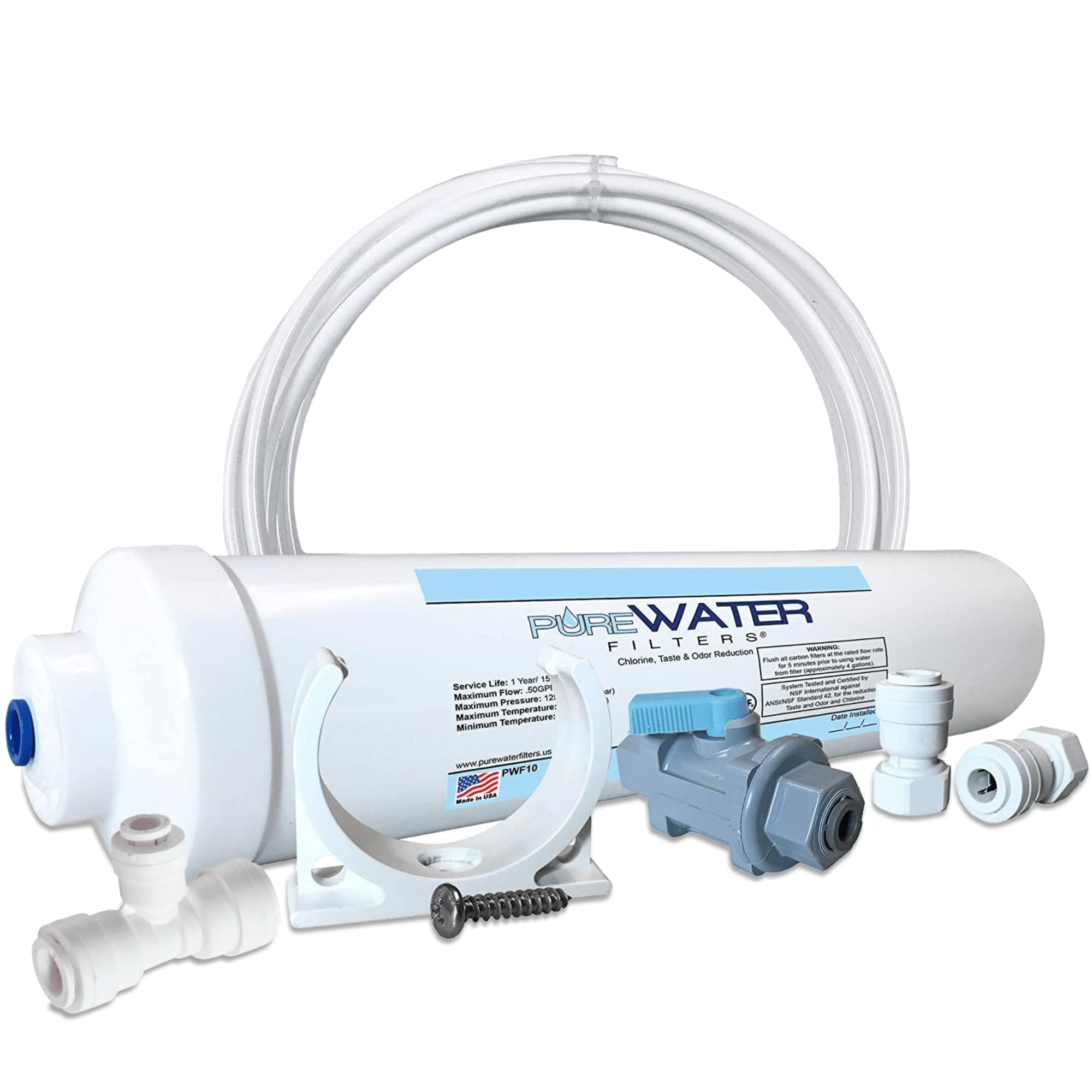 PureWater Filters Inline Water Filter Kit for Ice Maker with 1/4-Inch Direct Quick-Connect Fittings, Tubing and a T-Connector