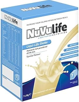 NuVu Life, Liquid-Life Shake. High Calorie, High Protein, Nutrient Rich Powdered Drink Mix for Weight Gain or Meal Replacement (50 g (Pack of 7), Vanilla)
