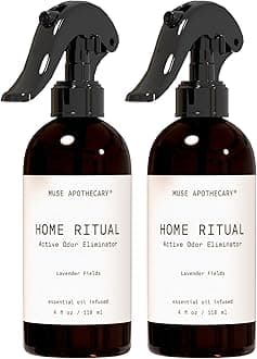 Muse Apothecary Home Ritual Active Odor Eliminator Spray - Furniture Deodorizer Spray & Bathroom Odor Eliminator for Home - Essential Oil Air Freshener - 4oz, Lavender Fields