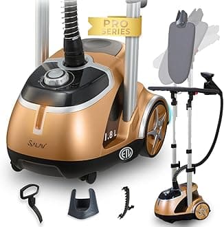 Professional Garment Steamer with Built-in Ironing Board, 1500W Continuous Steam, 4 Steam Settings, Chrome Finish, Stainless Steel Steam Plate, Removable 1.8L Tank, Wheels for Easy Movement