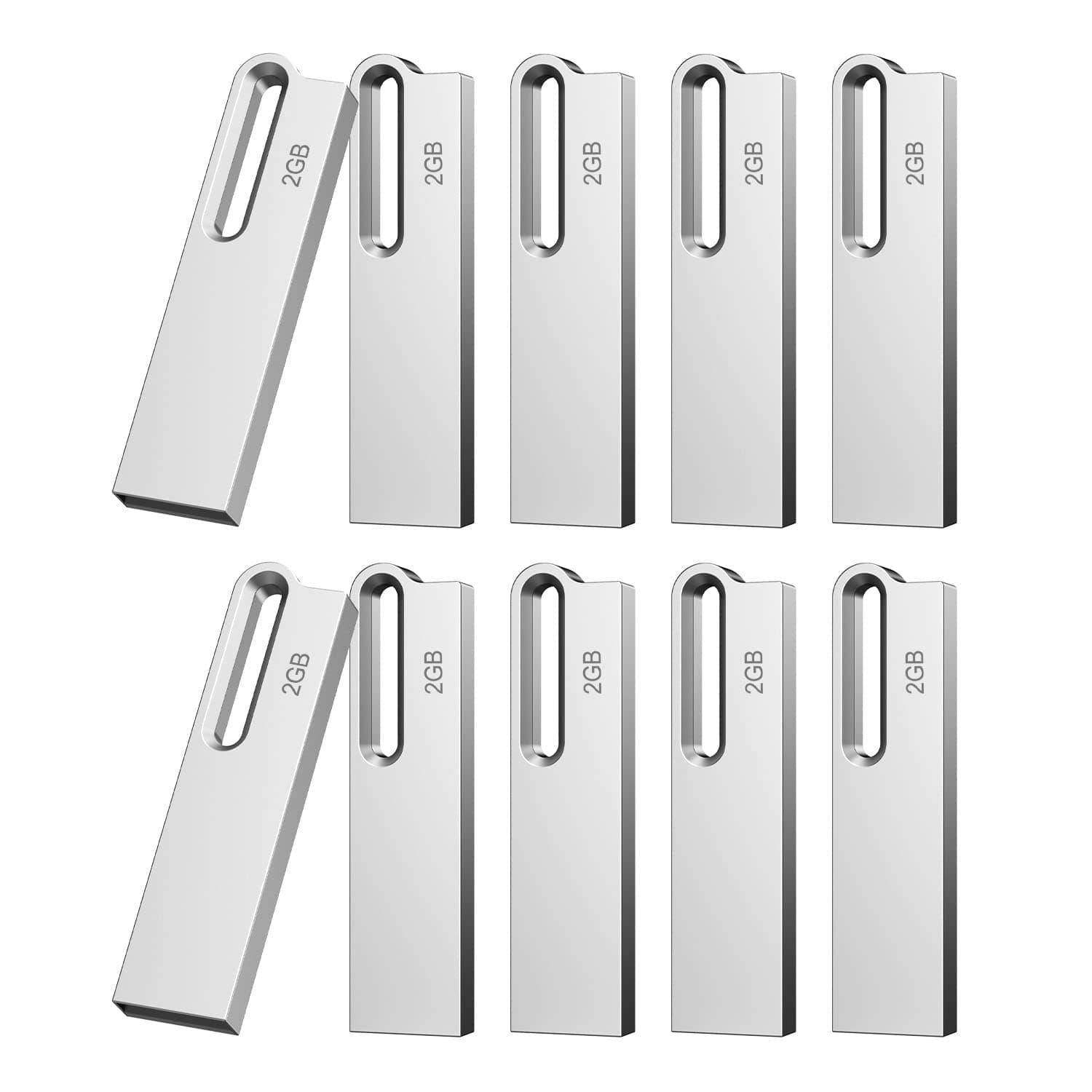Aiibe 10 Pack 2GB Flash Drive Bulk Metal USB Flash Drives USB 2.0 Thumb Drives USB Drive with Keychain, Waterproof - Silver