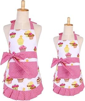 FirstKitchen Apron for Women with Pockets, Extra Long Ties, Cupcake Apron, Perfect for Kitchen Cooking, Baking and Gardening, 29 x 21-inch (Mama and Me Set)