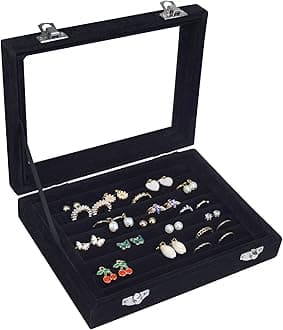 7 Slots Velvet Jewelry Earring Storage Box with Clear Lid Jewelry Display Case for Girls Wife Mom Women Ring Organizer Tray (Black)