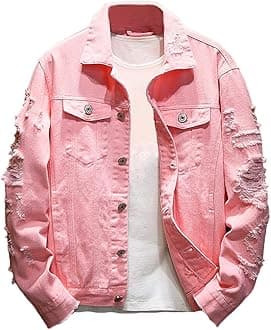 Men's Distressed Denim Jacket Casual Ripped Holes Button Down Trucker Jacket Jean Coat