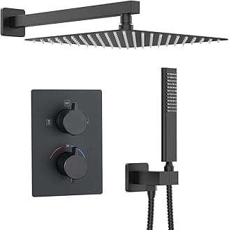 Iriber Thermostatic Shower System Wall Mount with 12 Inch Rainfall Shower Head and Handheld Bathroom Shower Set Contain Shower Faucet Mixer Valve Trim Kit (Valve Included),Mattle Black