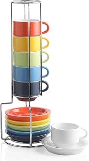 SWEEJAR Porcelain Espresso Cup & Saucer Set, Stackable Demitasse Cups with Metal Stand, 2.5 OZ for Latte,Coffee,Cafe Mocha,Tea, Set of 6