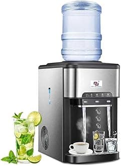 3-in-1 Portable Ice Maker Water Dispenser Countertop Built-in Ice Machine 44lbs Ice Daily Top Loading 5 Gallon Hot Cold Water Dispenser w. 4lb Ice Storage & Cleaning Sets, Water Pump