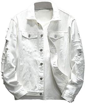 Rexcyril Men's Distressed Denim Jacket Casual Ripped Holes Button Down Trucker Jacket Jean Coat