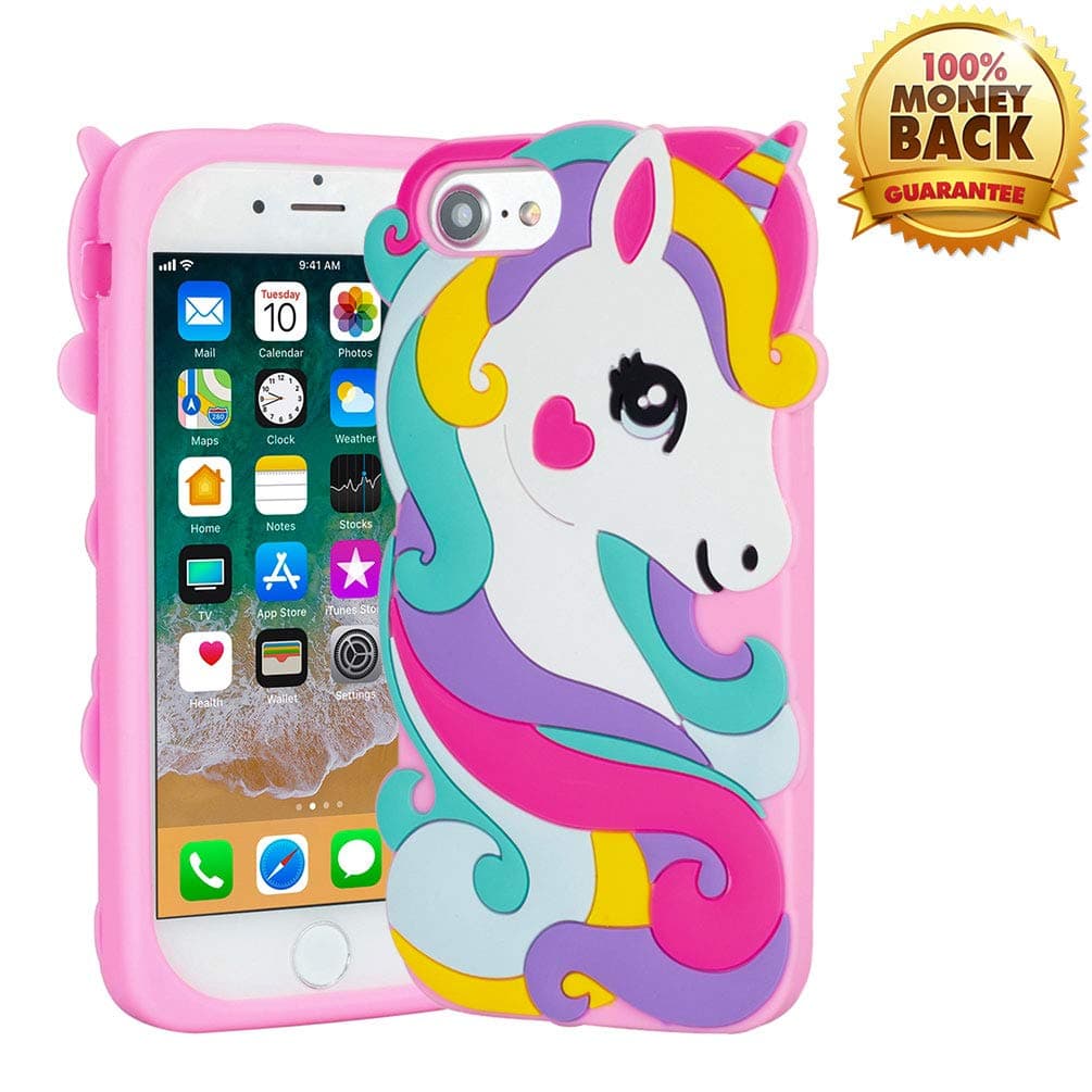 3D Pink Unicorn Case for iPhone 6 6S 7 8 (4.7"), Soft Rubber Silicone Funny Unique Cute Cartoon Animal Shockproof Drop Protection Character Skin Bumper Case Cover for Ladies Kids Girls