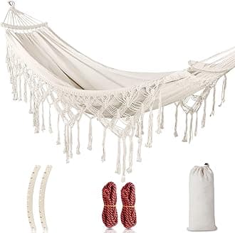 MOSFiATA Backyard Hammock with Tassels Max 500lbs Canvas Fabric Bohemian Style with Thickened Rope and Carry Bag for Outdoor, Garden, Patio, Wedding Decor (White)