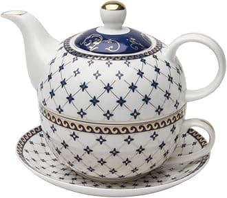 Grace Teaware Porcelain 4-Piece Tea For One (Trellis Blue Gold)