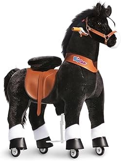 PonyCycle Large Riding Horse for Kids (with Brake/42.5" Height/Size 5 for Age 7-12) Rocking Horse Plush Pony Toys No Electricity Black Ux526