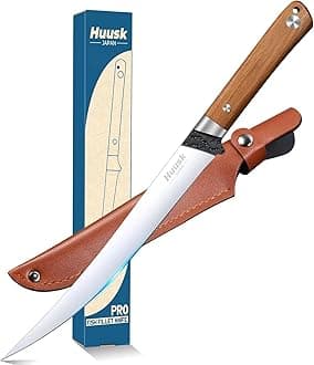 Huusk Fillet Knife for Fish - Sharp Japanese Fish Knives, Professional 9 Inch Flexible Boning Knife with Ergonomic Wooden Handle, Filleting Knives for Meat Cutting Christmas Gift for Men and Women