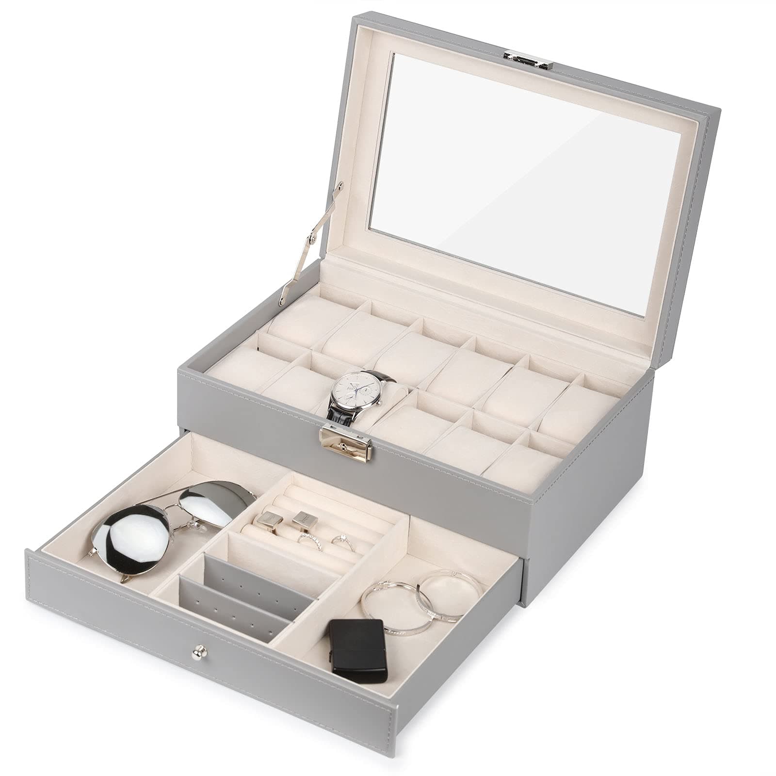 Watch Box 12 Slots, PU Leather Jewelry Box with Acrylic Top, Gray Display Case Organizer for Men and Women