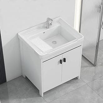 Bathroom Vanity with Ceramic Sink, Modern Bathroom Cabinet, Wooden Double Door Laundry Tub, Quick Assembly Hand Basin Washing Station for Garage, Restaurant, Laundry Room(81*48*82CM/31.8*18.8*32.2IN)