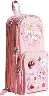 Kawaii Pencil Case 3 Compartment Cute Pencil Case Aesthetic Pencil Pouch for Girls Large Capacity Pen Pencil Pouch Multifunctional Stationery Organizer for School Office (Happy Time Pink)