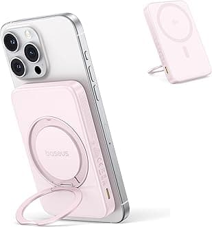 Baseus PicoGo Power Bank for MagSafe, Qi2 Certified 15W Ultra-Fast Wireless Portable Charger with Stand, Ultra-Slim 5000mAh Magnetic Battery Pack for iPhone 16/15/14/13/12 Series (Pink)
