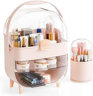 Yieach Countertop Makeup Organizer for Vanity,Large Capacity Skincare Organizers With Drawers and Makeup Brush Holder,Cosmetic Display Cases with Clear Cover for Bathroom,Dresser,Beauty Product,Pink