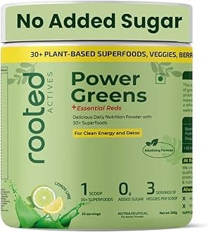 Rooted Actives Power Greens + Essential Reds | Daily Nutrition Powder with 30+ Plant-Based Greens, Vegetables & Fruits | With Vitamins, Minerals, Probiotics & Digestive Enzymes | Zero Added Sugar | Lemon Lime Flavour | 250 g