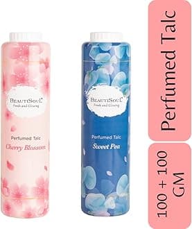 Cherry Blossom Perfumed Talc 100gm + Beautisoul Sweet Pea Perfumed Talc 100gm | IFRA Certified Fragrance | Talcum Powder Combo Offer (Pack of 2)