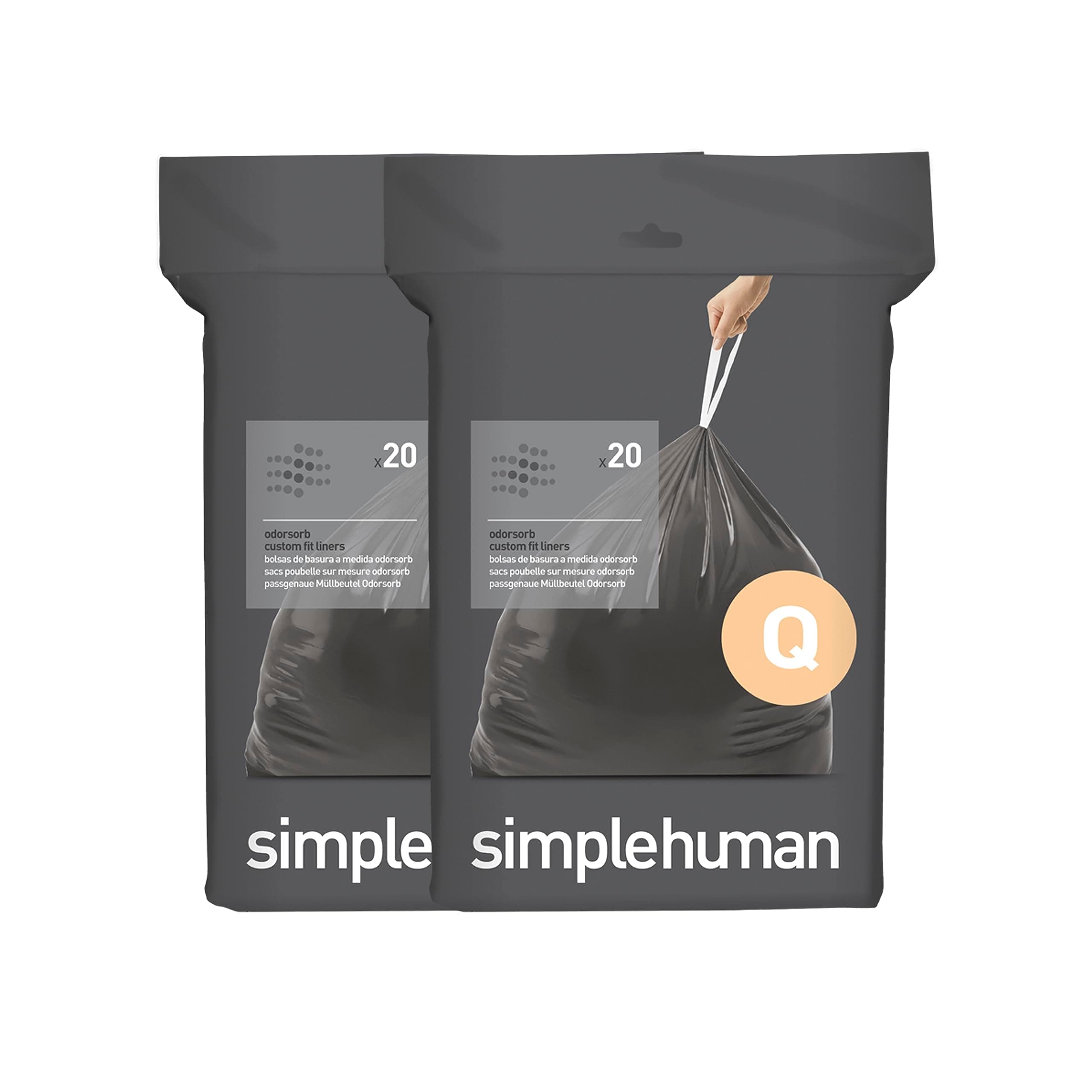 simplehuman Code Q 40 Count, Genuine Odorsorb Custom Fit Liners, Drawstring Odor Absorbing Trash Bags in Dispenser Packs, 50-65 Liter / 13-17 Gallon