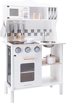 New Classic Toys 11068 Wooden Pretend Toy Kitchen for Kids Included Accessoires-Comes with Electric Cooking Plate-Makes Sound, White