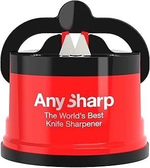 AnySharp Knife Sharpener | Hands-Free Safety, PowerGrip Suction | Safely Sharpens All Kitchen Knives | Ideal for Hardened Steel & Serrated | World's Best | Compact, One Size | Red