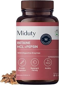 Miduty Betaine HCL + Pepsin for Improve Digestion, Acidity & Natural Digestive Health & Stomach Gut Support - 60 Capsules
